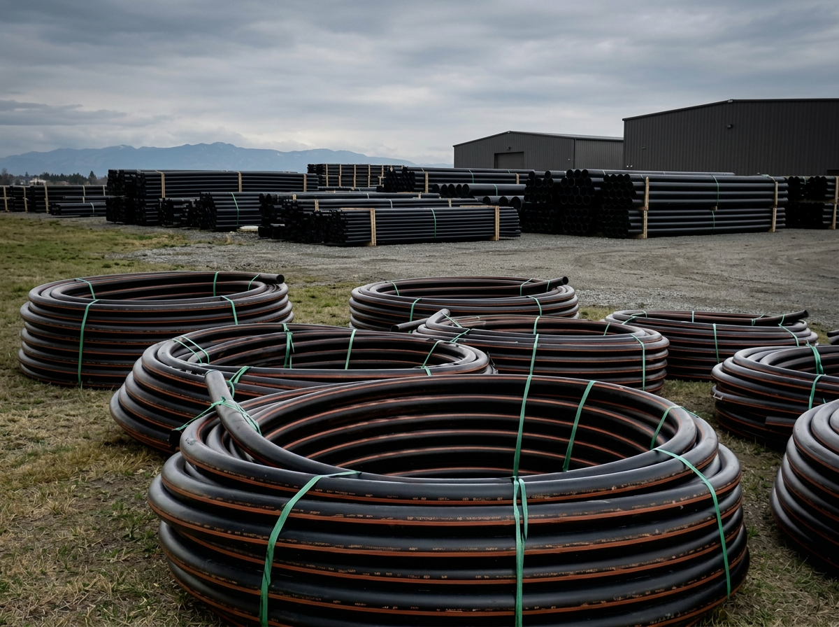 Coils of black HDPE conduit with colored stripes